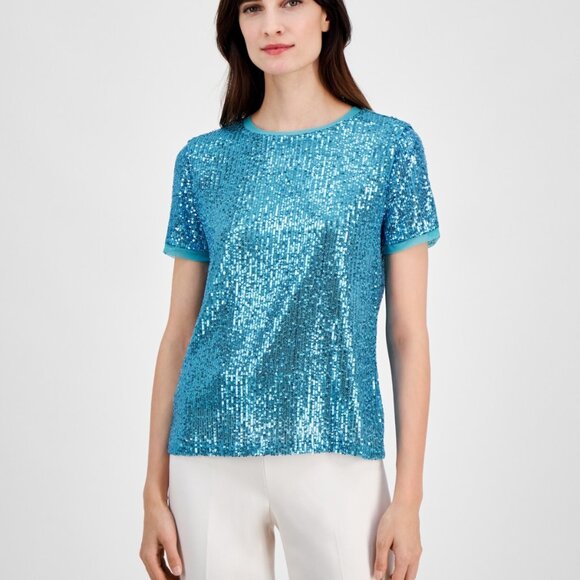 Anne Klein Women’s Sequined T-Shirt – Pool Blue – NWT – Size XS - Picture 1 of 3